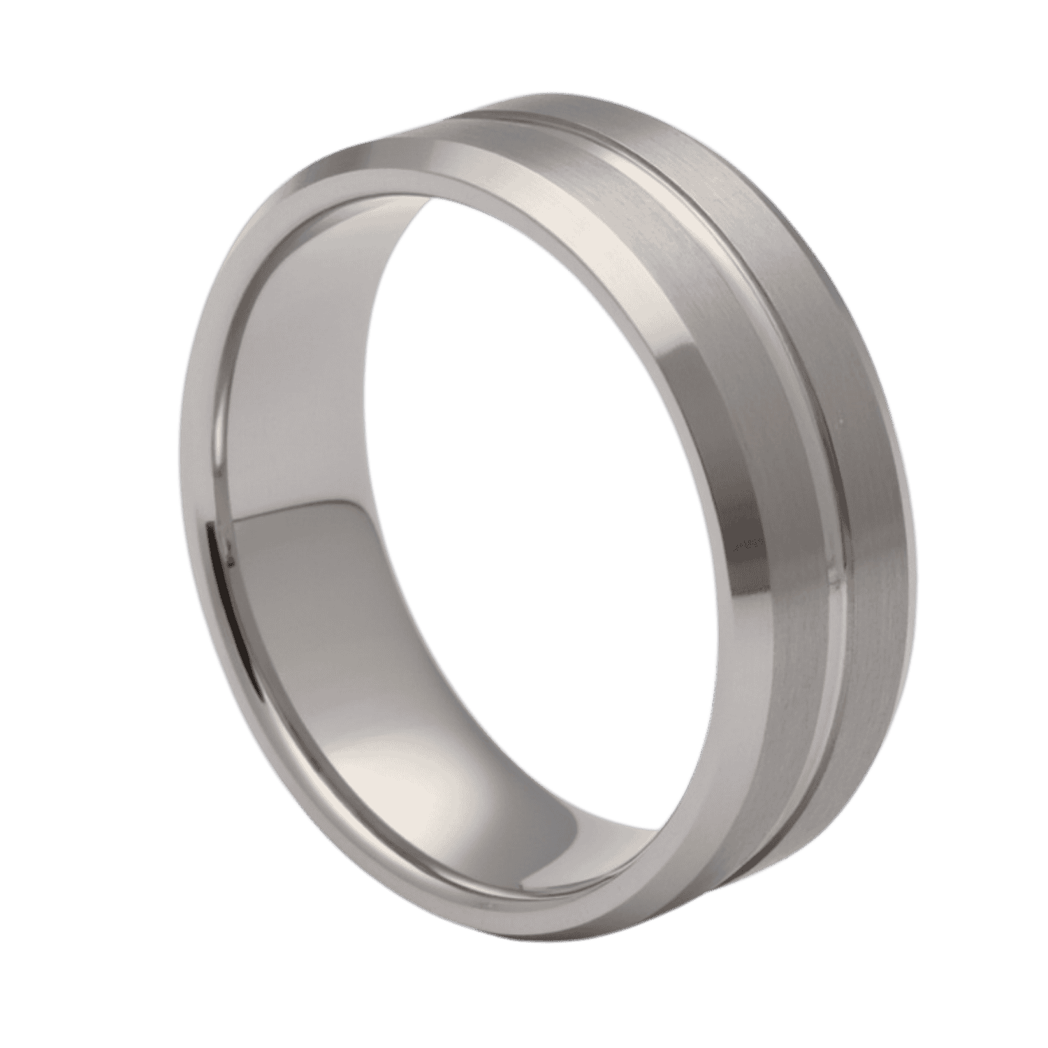 White gold tungsten ring for men with polished groove and brushed detail, elegant mens wedding band with custom engraving.