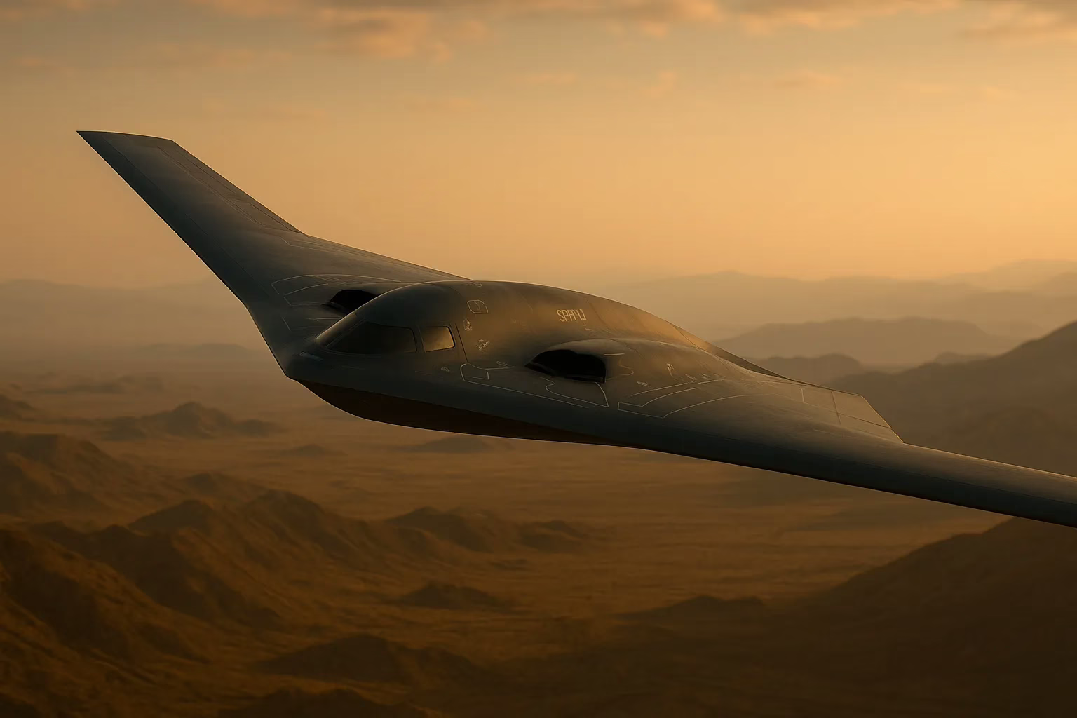 A US B‑2 Spirit stealth bomber in flight over a mountainous Middle Eastern landscape at sunset, symbolising military power and international conflict.