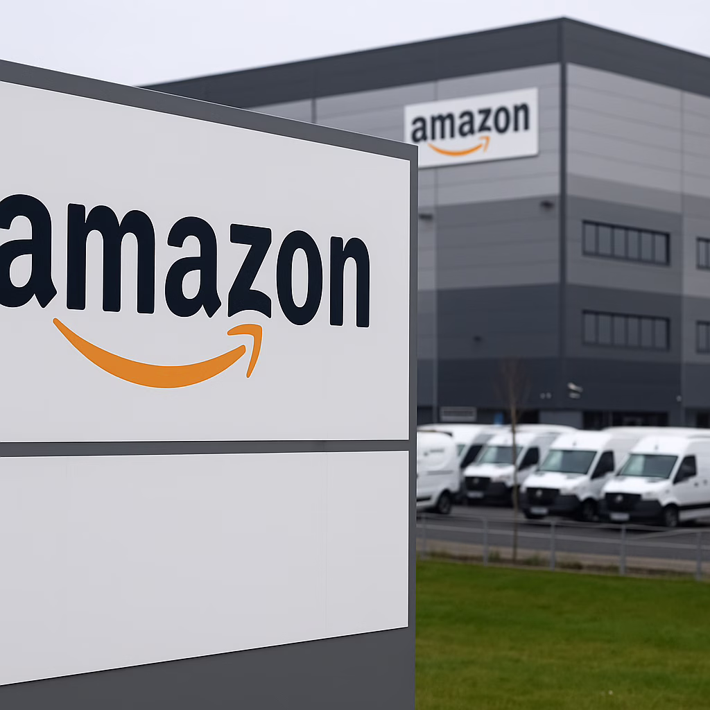Amazon UK warehouse exterior with branded sign and delivery vans parked outside.
