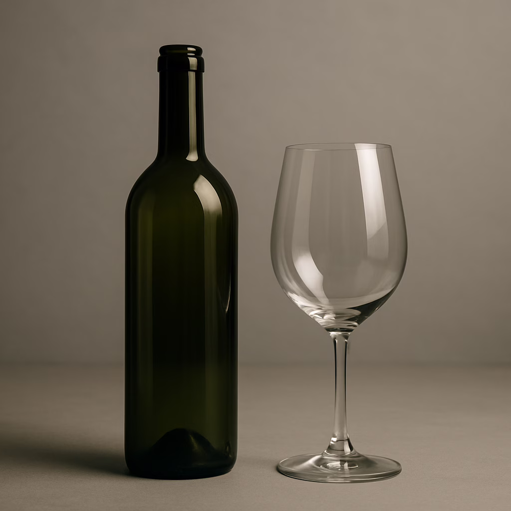An empty green wine bottle beside a clear wine glass on a minimalist surface, symbolising wine shortages in the UK.