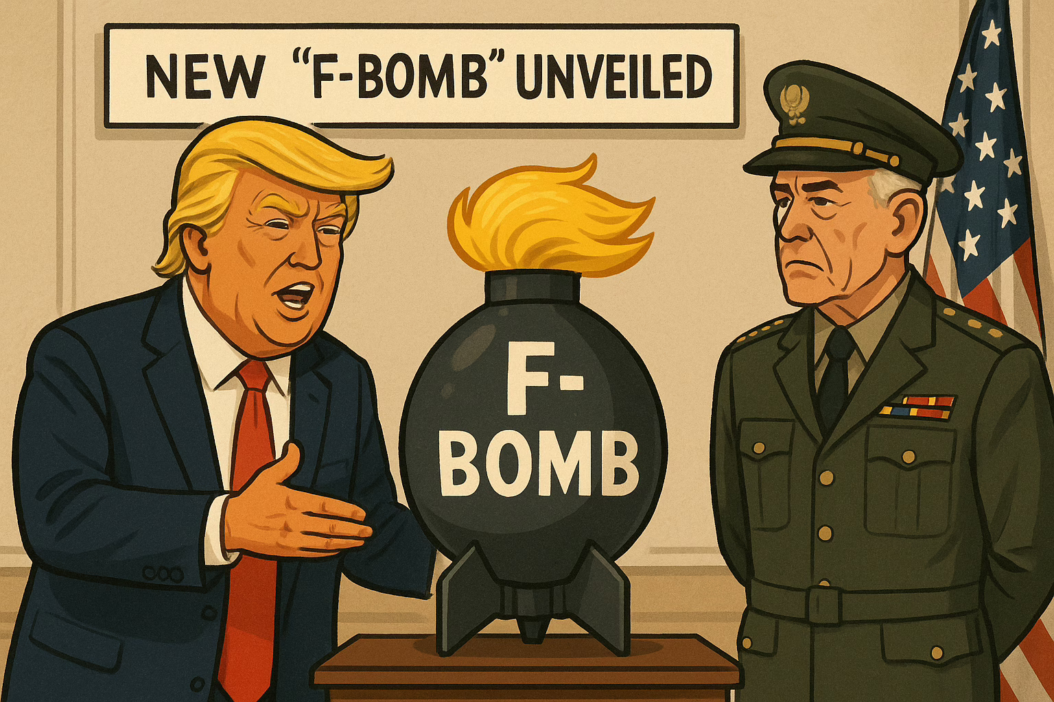 Cartoon of a bomb with Trump's hair exploding while Iran and Israel look shocked – satire on Trump’s Middle East F-bomb comment
