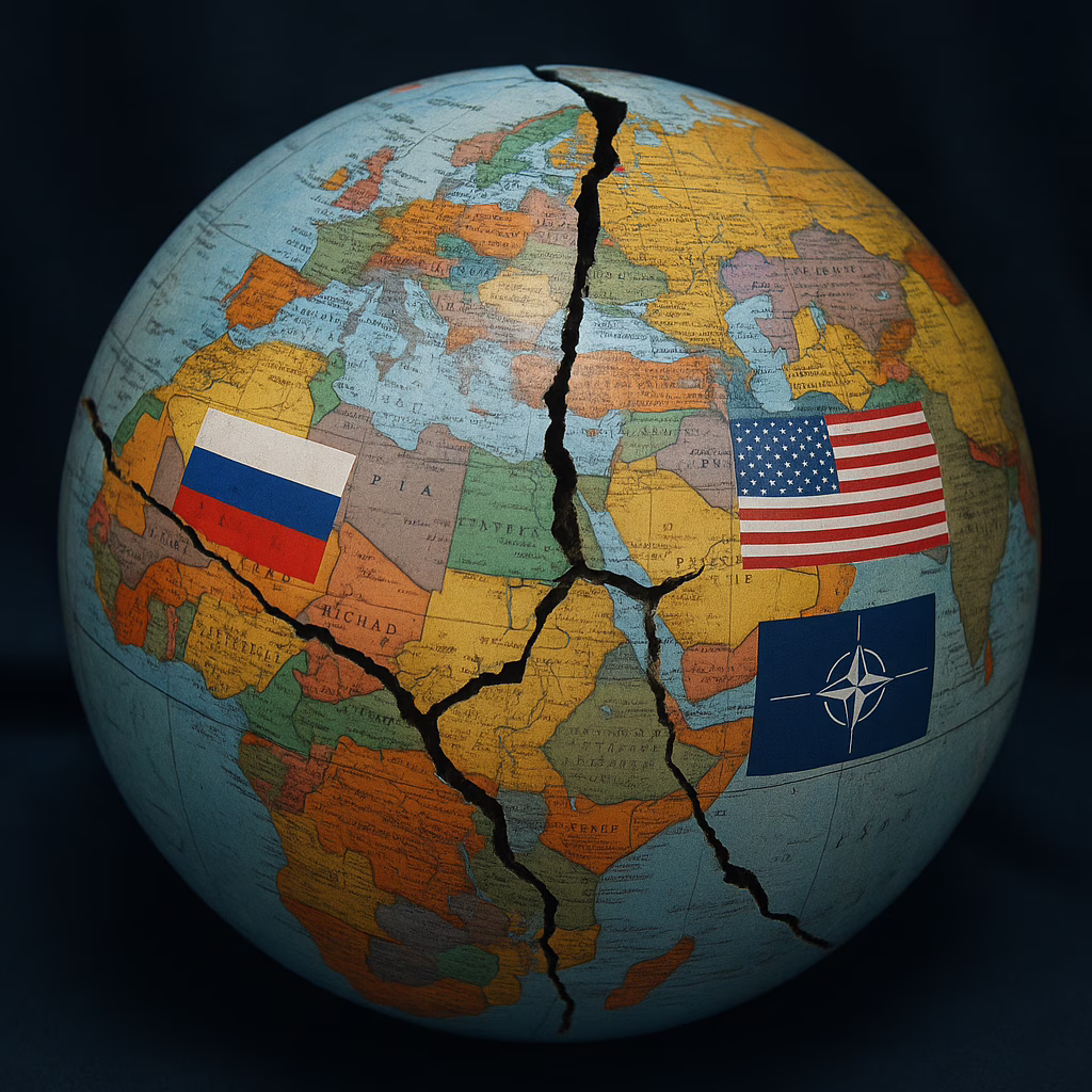 : A cracked globe symbolising global fragmentation, with the flags of Russia, the United States, and NATO positioned across Eurasia and Africa, highlighting geopolitical tensions and the fracturing of world order.