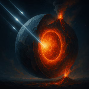Illustration showing neutrinos and the Earth’s core with erupting volcano