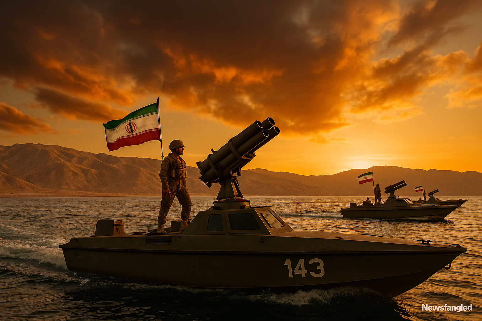 Iranian Revolutionary Guard boats patrol the Strait of Hormuz at sunset, with soldiers standing beside missile launchers and the Iranian flag flying in the wind.