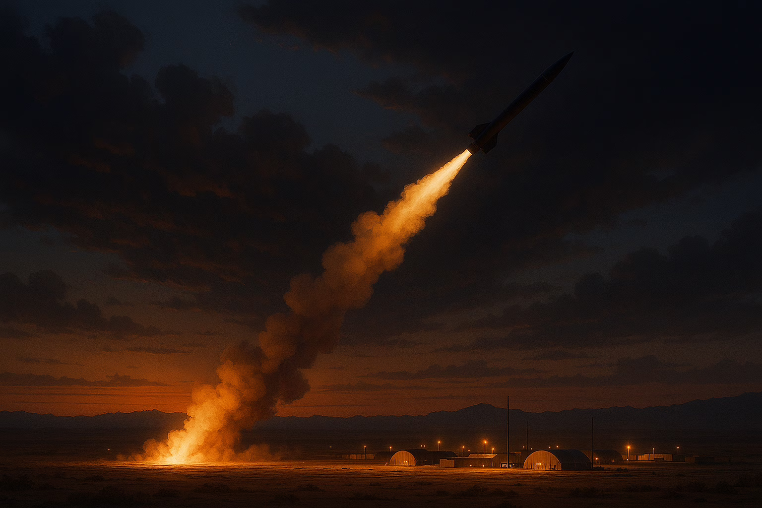 Missile launches from a desert military base at sunset, symbolising Iran retaliatory strike on U.S. forces in Qatar.