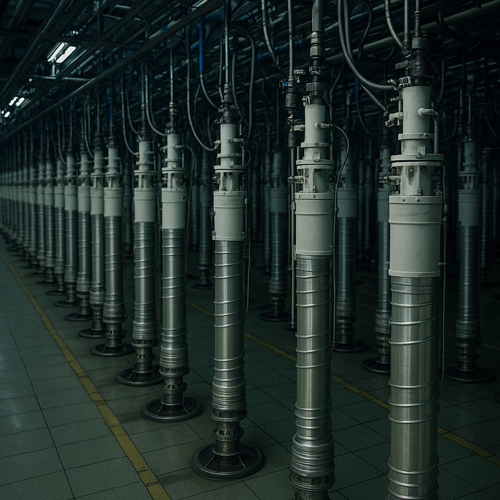Rows of uranium enrichment centrifuges in a dimly lit Iranian facility, showing complex piping and metallic surfaces used in nuclear fuel production.