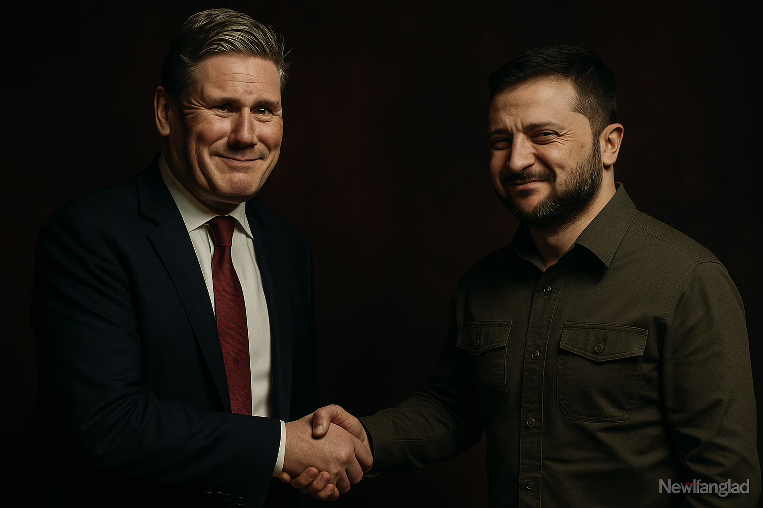 A digital photograph captures Keir Starmer, the British Prime Minister, and Ukrainian President Volodymyr Zelensky shaking hands following the UK Ukraine drone deal. Both men display confident smirks against a dark, moody backdrop, symbolising the political optics behind the military agreement. A subtle Newsfangled watermark is visible in the bottom-right corner.