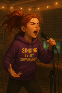 A girl in a purple sweatshirt singing into a microphone.