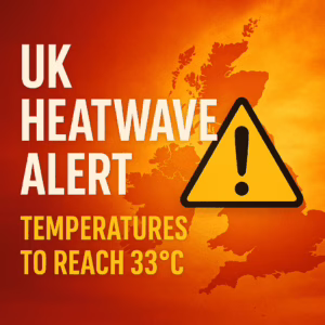 UK heatwave alert with amber warning symbol over map and temperatures expected to reach 33°C.
