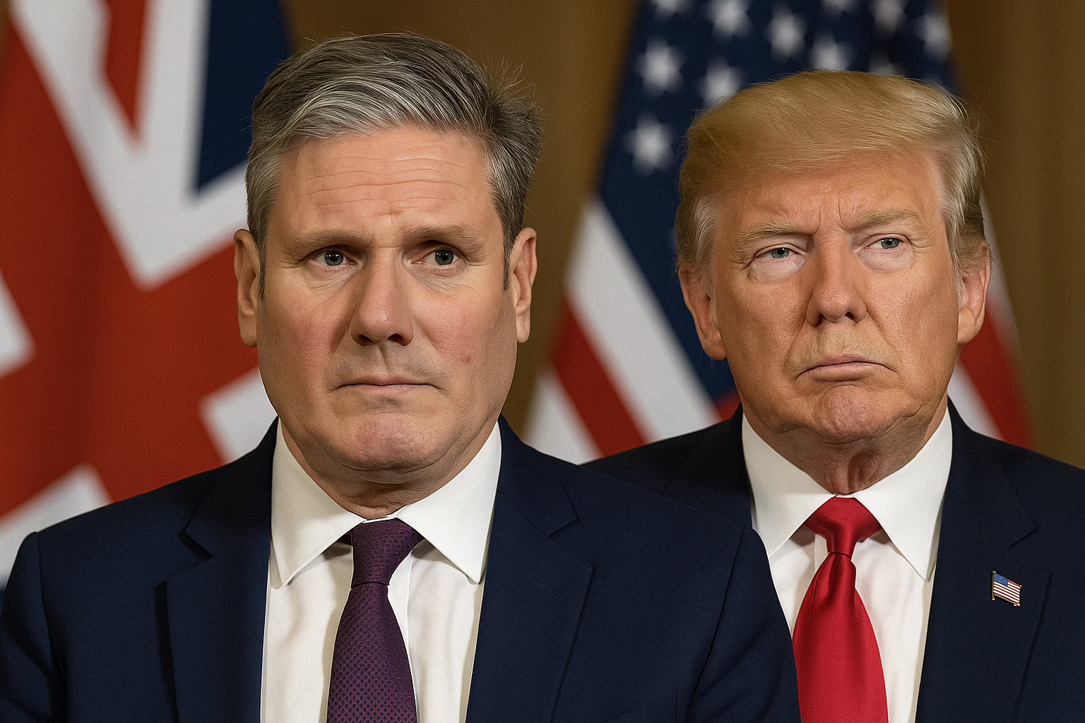 UK–US Trade Deal 2025 – Keir Starmer under pressure as Union Jack and US flags loom in background
