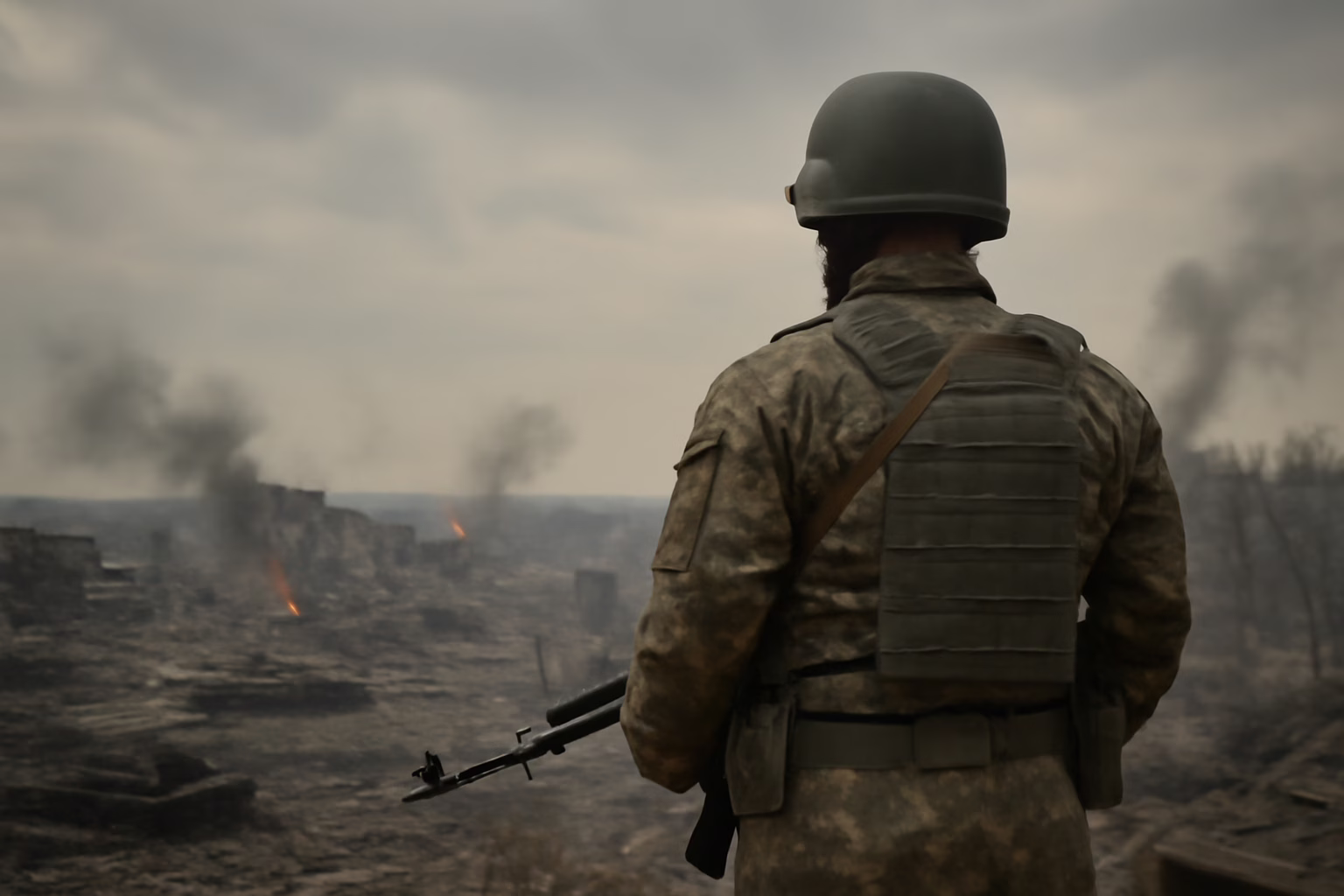 Ukraine’s Pyrrhic Victory – soldier overlooking a destroyed battlefield