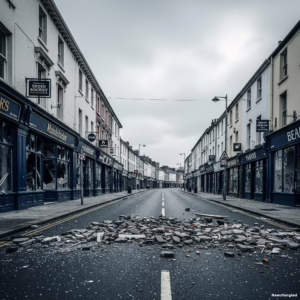 Aftermath of the Ireland migrant crime protests showing a damaged street in a Northern Irish town