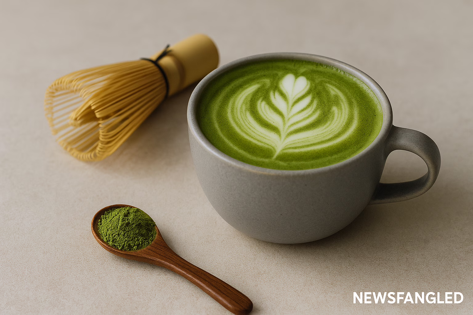 A ceramic cup of matcha latte with green latte art, placed beside a bamboo whisk and a bowl of matcha powder on a neutral-toned surface, softly lit in natural daylight