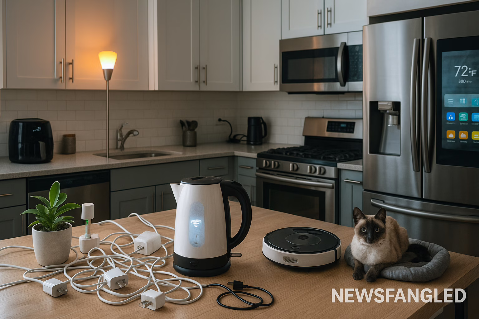 Modern kitchen cluttered with smart gadgets including a WiFi kettle, robot vacuum, smart refrigerator displaying weather updates, tangled charging cables, and a Siamese cat resting on a pet bed, illustrating Britain’s gadget obsession