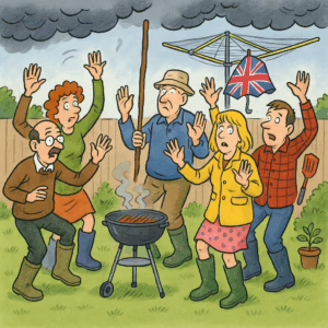 A cartoon showing a rain dance UK attempt in a British backyard