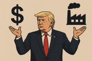 rump balancing a dollar sign and a factory symbol, representing the conflict between global currency dominance and domestic manufacturing goals
