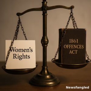 Brass balance scales tipping between women's rights and the 1861 abortion law in UK reform
