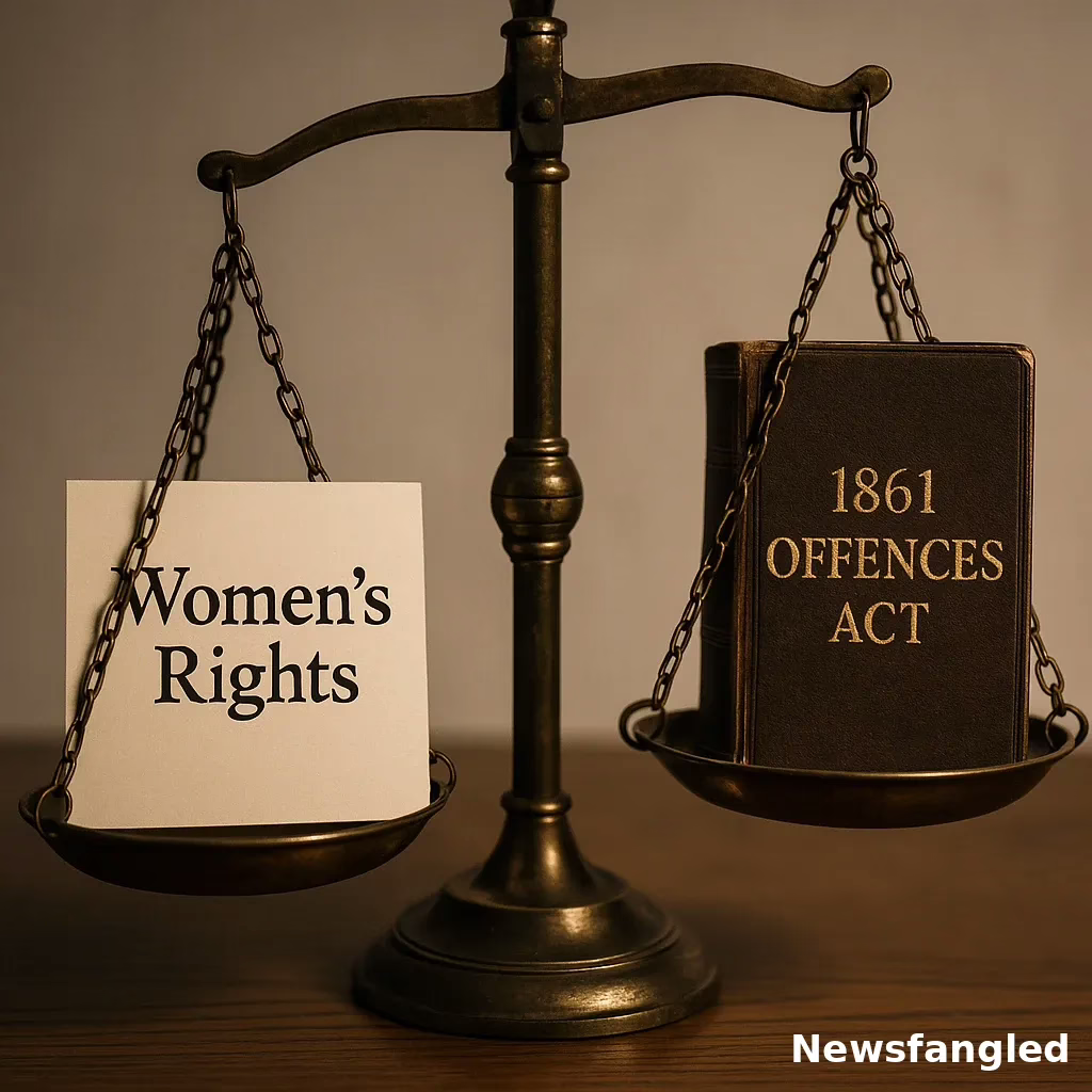 Brass balance scales tipping between women's rights and the 1861 abortion law in UK reform