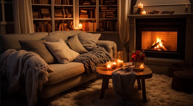 Illuminating a Plush Sofer Adorned with Soft Blankets