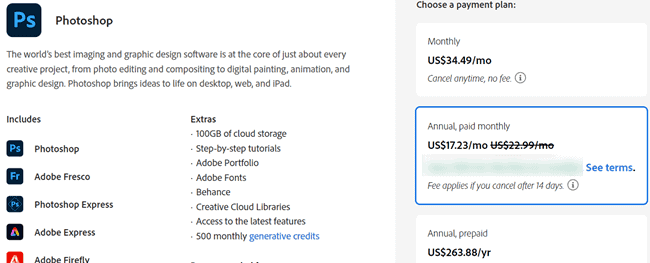 Pricing for Adobe Photoshop
