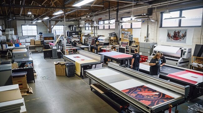 A Busy DTF Printing Workshop with Multiple Employees Working on Different Projects