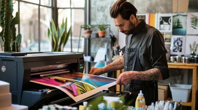 A Small Business Owner Carefully Loading a Design Onto a DTF Printer