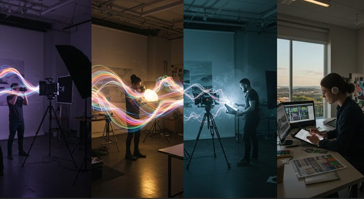 Diverse visual creators collaborating in a light-filled studio with streams of creative energy connecting their work