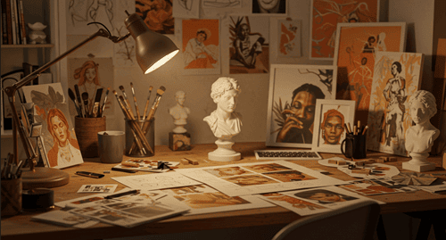 Professional creative workspace showcasing various artistic projects and portfolio pieces