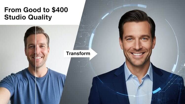 Before-and-after comparison showing transformation of a casual selfie into a professional studio-quality headshot using AI enhancement