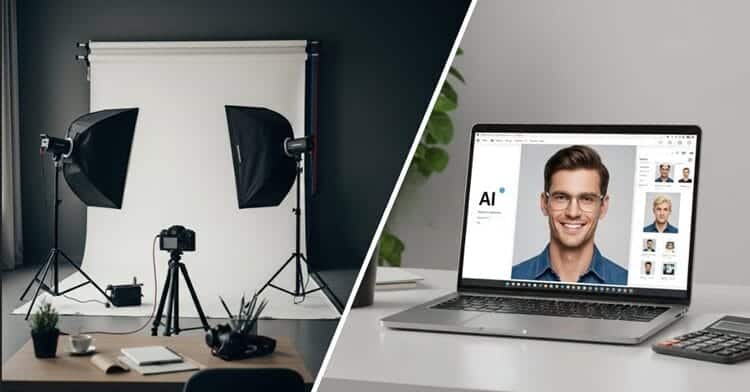 Cost comparison between traditional photographer studio setup and AI headshot software on laptop with calculator
