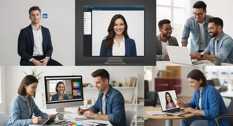 Diverse professionals using AI headshots for LinkedIn, corporate sites, remote teams, freelancers, and students in realistic settings