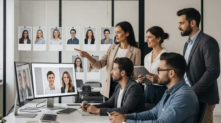 HR and marketing team reviewing AI-generated professional headshots on screens, comparing quality and consistency across employees
