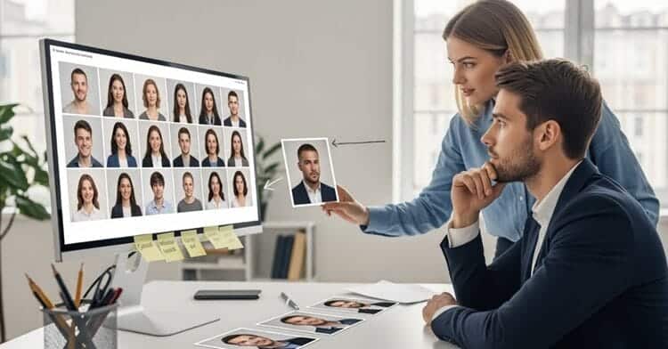 HR professional comparing AI-generated LinkedIn headshots to traditional photos on a monitor, evaluating quality, cost, and realism