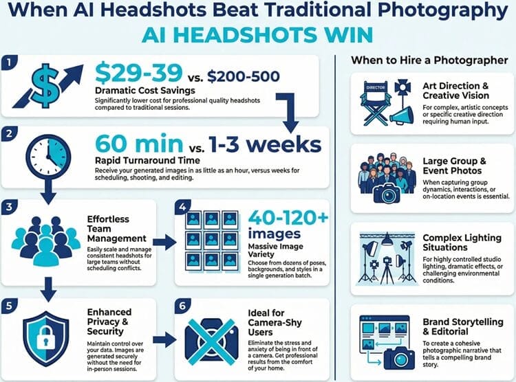 Infographic comparing AI headshot generators vs traditional photography