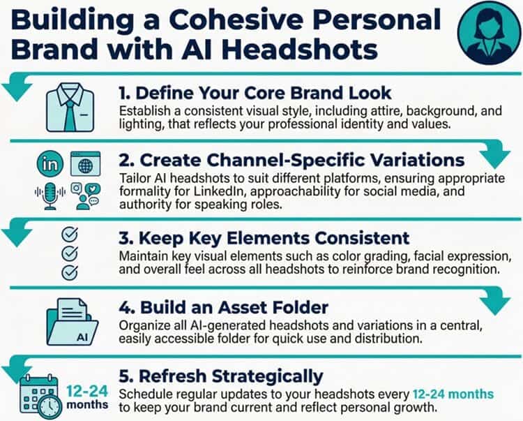 Infographic showing 5 steps to build a cohesive personal brand with AI headshots