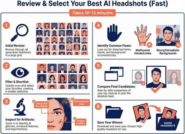 Infographic showing 6-step process to review AI headshots