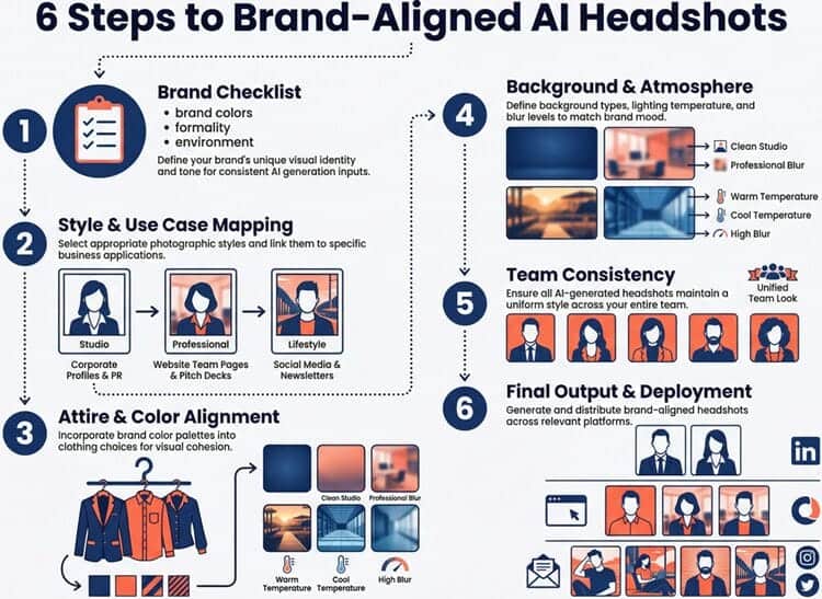 Infographic showing 6 steps to keep AI headshots on-brand
