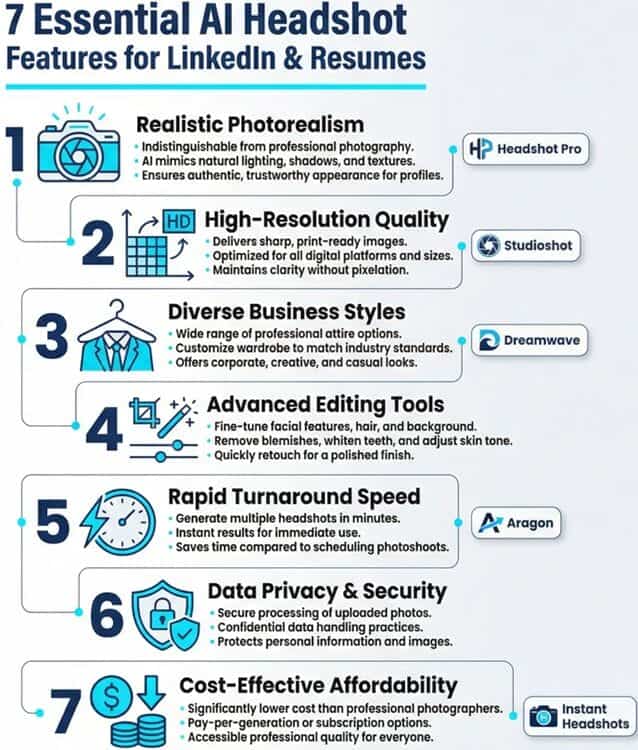 Infographic showing 7 essential AI headshot features for LinkedIn and resumes