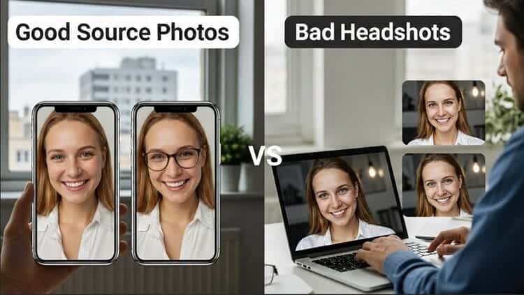 Infographic showing best photo types for AI headshots
