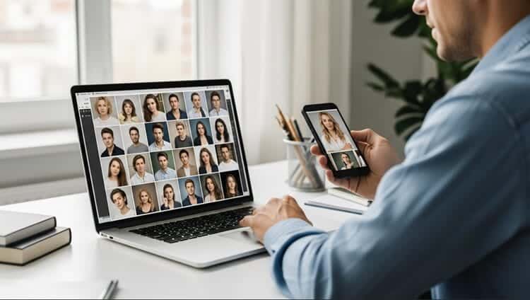 Person reviewing collection of quality selfie photos on laptop for AI headshot generation upload