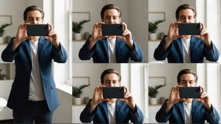 Person taking AI headshot source photos by window with natural lighting in minimalist home office setting