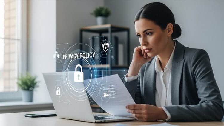 Professional reviewing data privacy and security policy on laptop with digital lock icons overlay