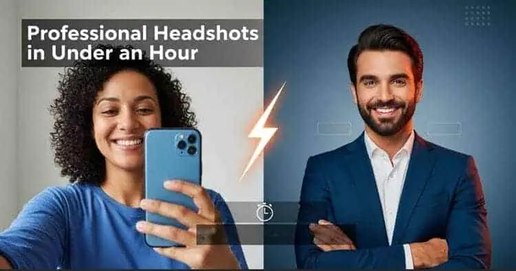 Split-screen image showing transformation of casual selfie into professional