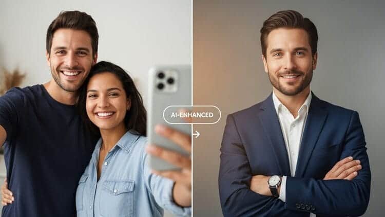 Split-screen transformation showing a casual selfie on the left converting to a professional AI-generated headshot on the right