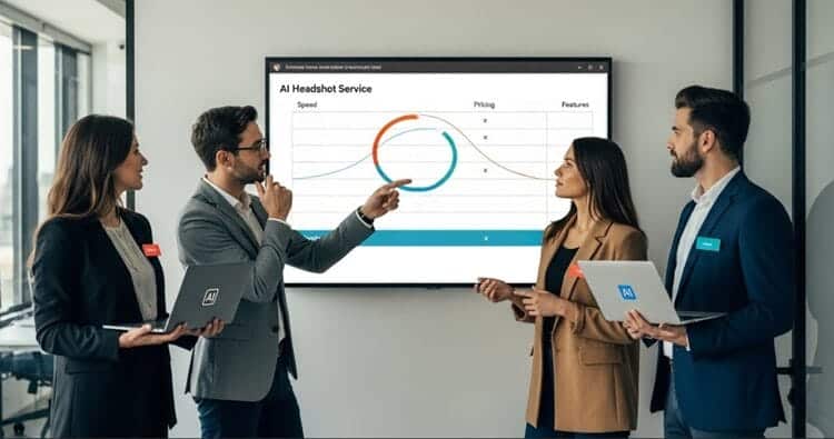 Team comparing AI headshot tools on a large office screen, reviewing speed, pricing, and features of Headshot Pro and competitors