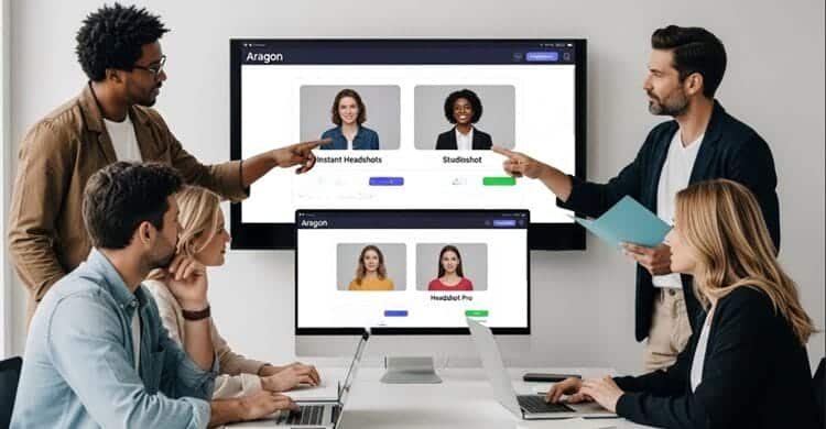 Team of professionals comparing Aragon vs Instant Headshots, Studioshot, and Headshot Pro AI headshot tools on a large office screen