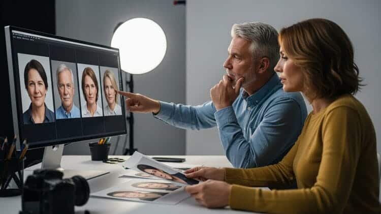 Two professionals comparing realistic AI headshots on a monitor and print proofs, evaluating Studioshot quality and realism