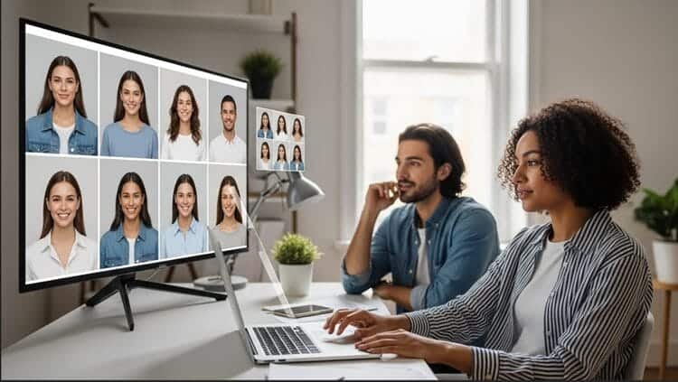 Young professional uploads selfies to an AI headshot generator showing multiple studio-style portraits in different outfits and backgrounds