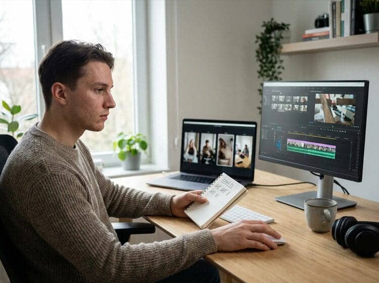 Content creator compares AI video drafts in Filmora timeline while tracking credits, highlighting speed workflow and pricing limits