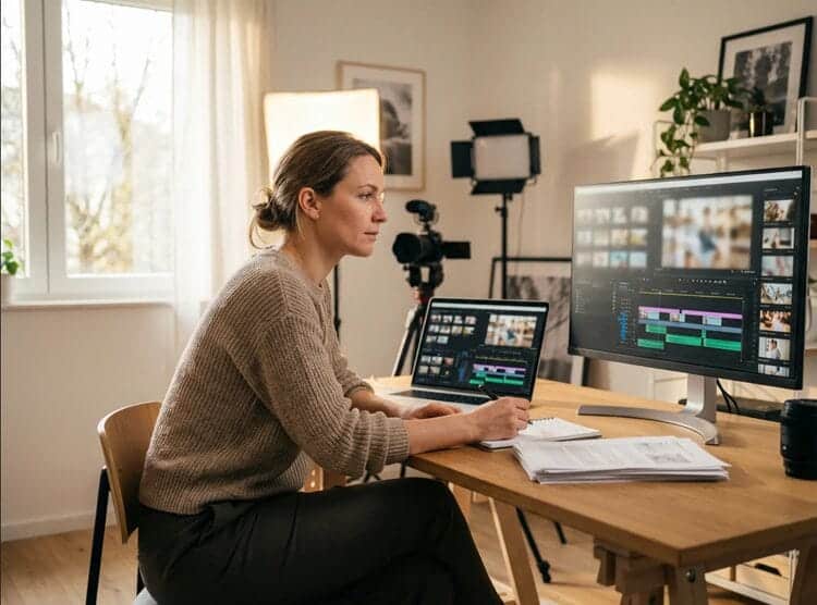 Content creator reviewing an InVideo AI workflow for fast video production, planning b-roll, captions, and structured prompts at a desk